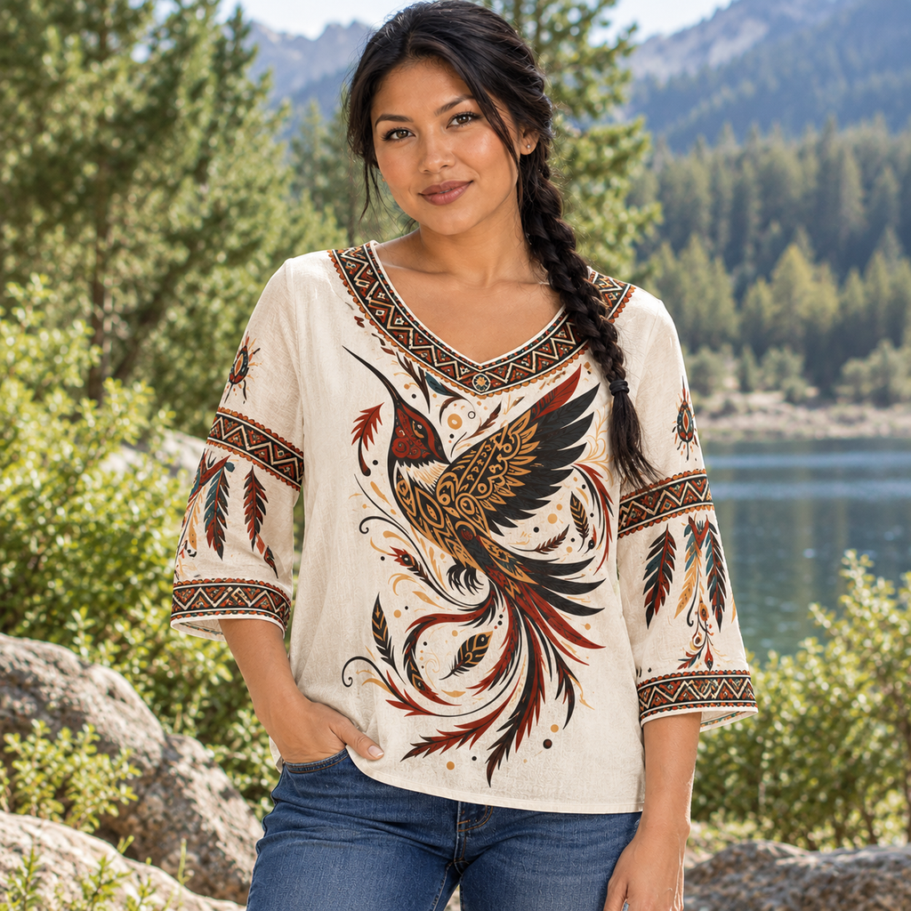 Tribal Hummingbird Native American-Inspired Women's V-Neck 3-Quarter Sleeve Top WVS022