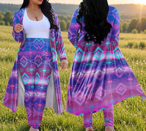 Tribal Pattern Native American-Inspired Cardigan Coat Long Pant Set DS250620M07