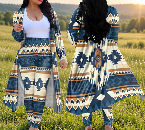 Tribal Pattern Native American-Inspired Cardigan Coat Long Pant Set DS250918M36