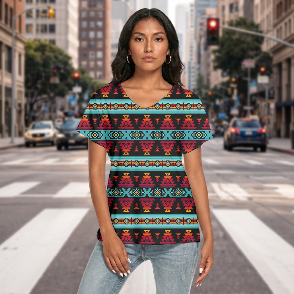 Tribal Pattern Native American Women's Loose V-neck Short Sleeve T-shirt GB-HW0011313