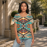 Tribal Pattern Native American Women's Loose V-neck Short Sleeve T-shirt GB-NAT00016