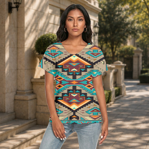Tribal Pattern Native American Women's Loose V-neck Short Sleeve T-shirt GB-NAT00016