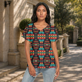 Tribal Pattern Native American Women's Loose V-neck Short Sleeve T-shirt GB-NAT00046-02