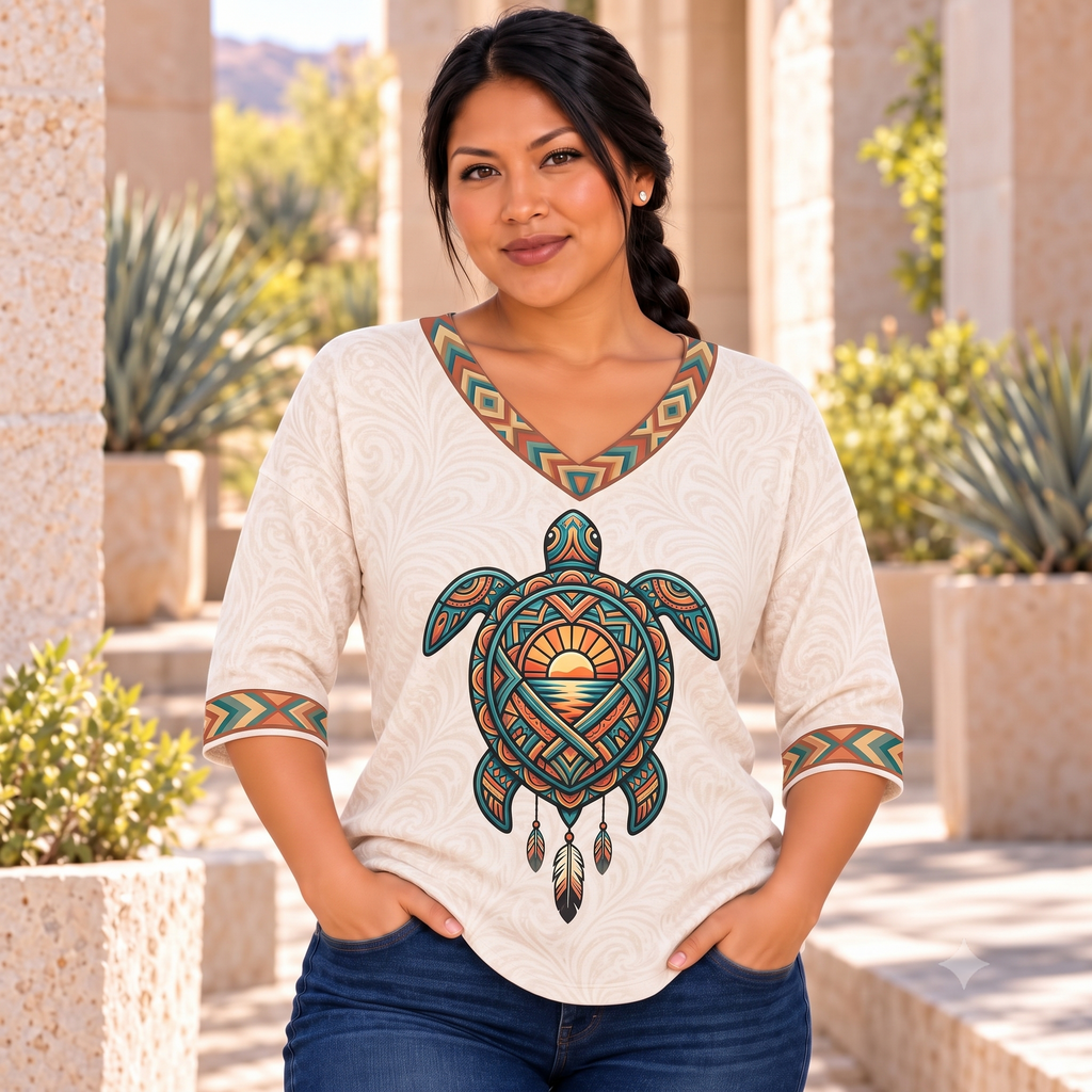 Tribal Turtle Native American-Inspired Women's V-Neck 3-Quarter Sleeve Top WVS020