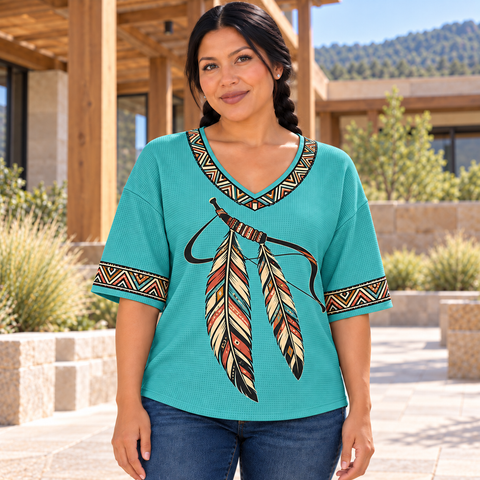 Turquoise Bow Feathers Native American-Inspired Women's V-Neck 3-Quarter Sleeve Top WVS012
