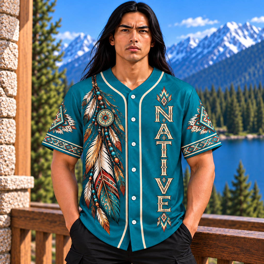 Turquoise Feather Proud Native American-Inspired Baseball Jersey BSm019