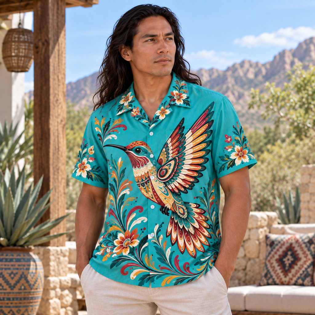 Turquoise Florals Hummingbirds Native American-Inspired 3D Hawaiian Shirt HWm016