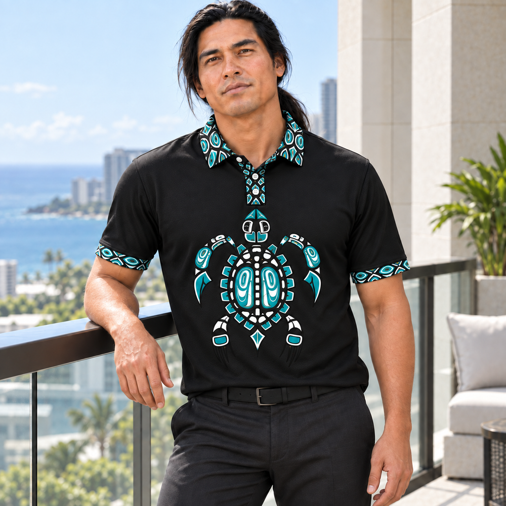 Turquoise Geometric Turtle Art Native American-Inspired Polo T-Shirt 3D PLm023