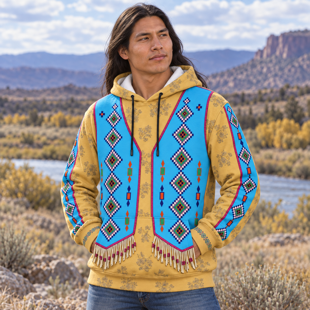 Turquoise Golden Bloom Native American-Inspired 3D Hoodie – HD3dm023