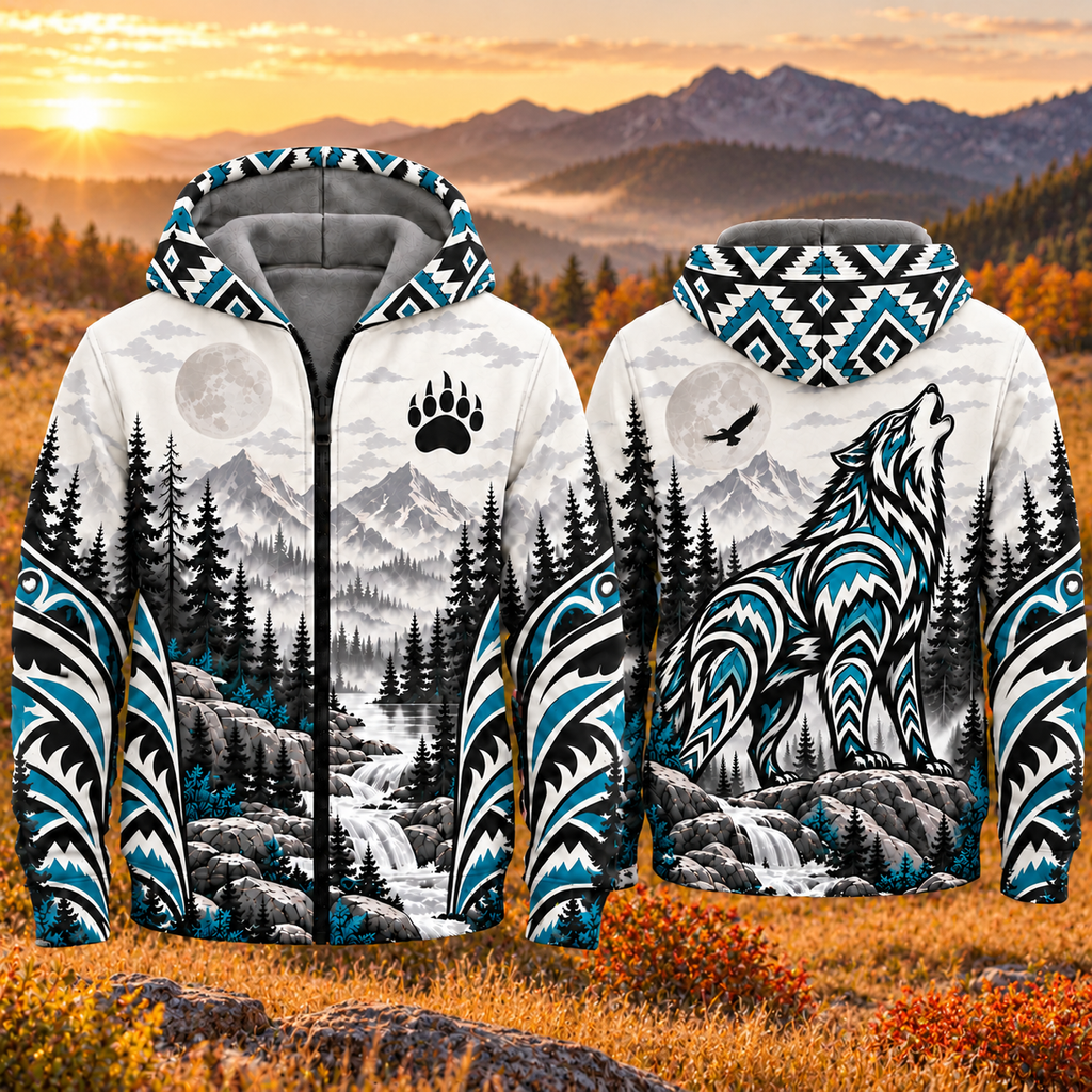 Turquoise Howling Wolf Summit Native American-Inspired 3D Fleece Hoodie BSm036