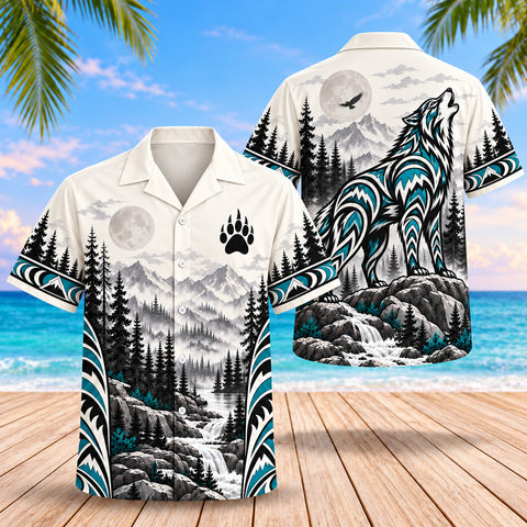 Turquoise Howling Wolf Summit Native American-Inspired 3D Hawaiian Shirt BSm036