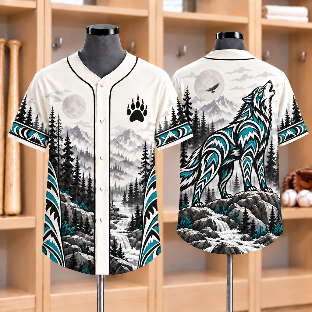 Turquoise Howling Wolf Summit Native American-Inspired Baseball Jersey BSm036