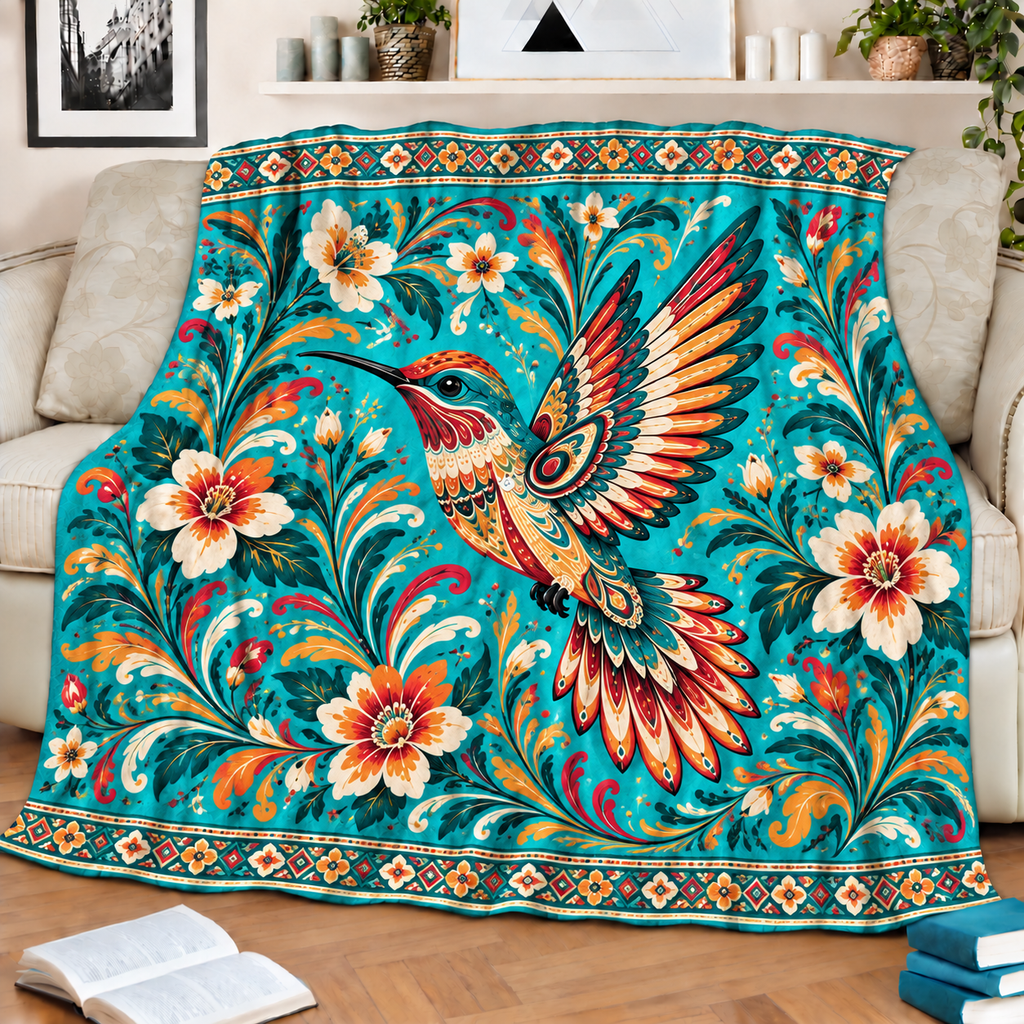 Turquoise Hummingbird Floral Native American-Inspired Blanket BLm005