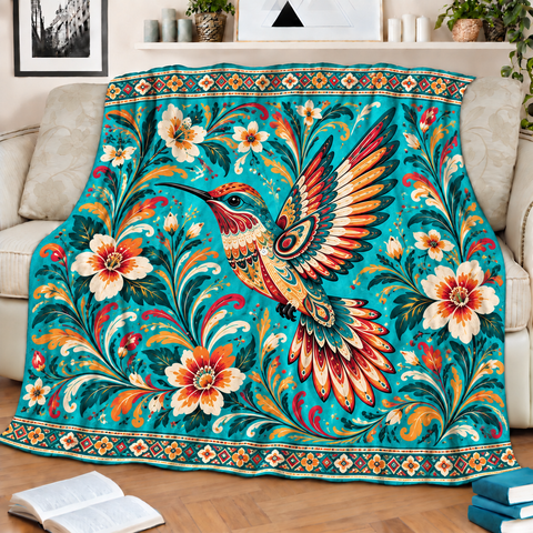 Turquoise Hummingbird Floral Native American-Inspired Blanket BLm005