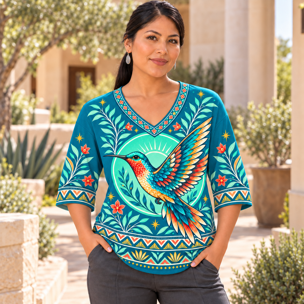 Turquoise Hummingbird Garden Native American-Inspired Women's V-Neck 3-Quarter Sleeve Top WVS008