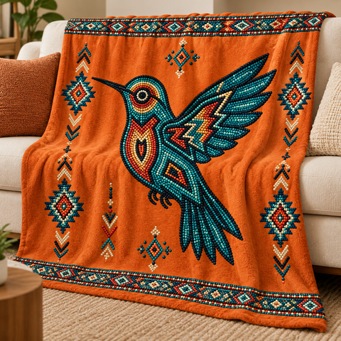 Turquoise Hummingbird Native American-Inspired Blanket BLm030