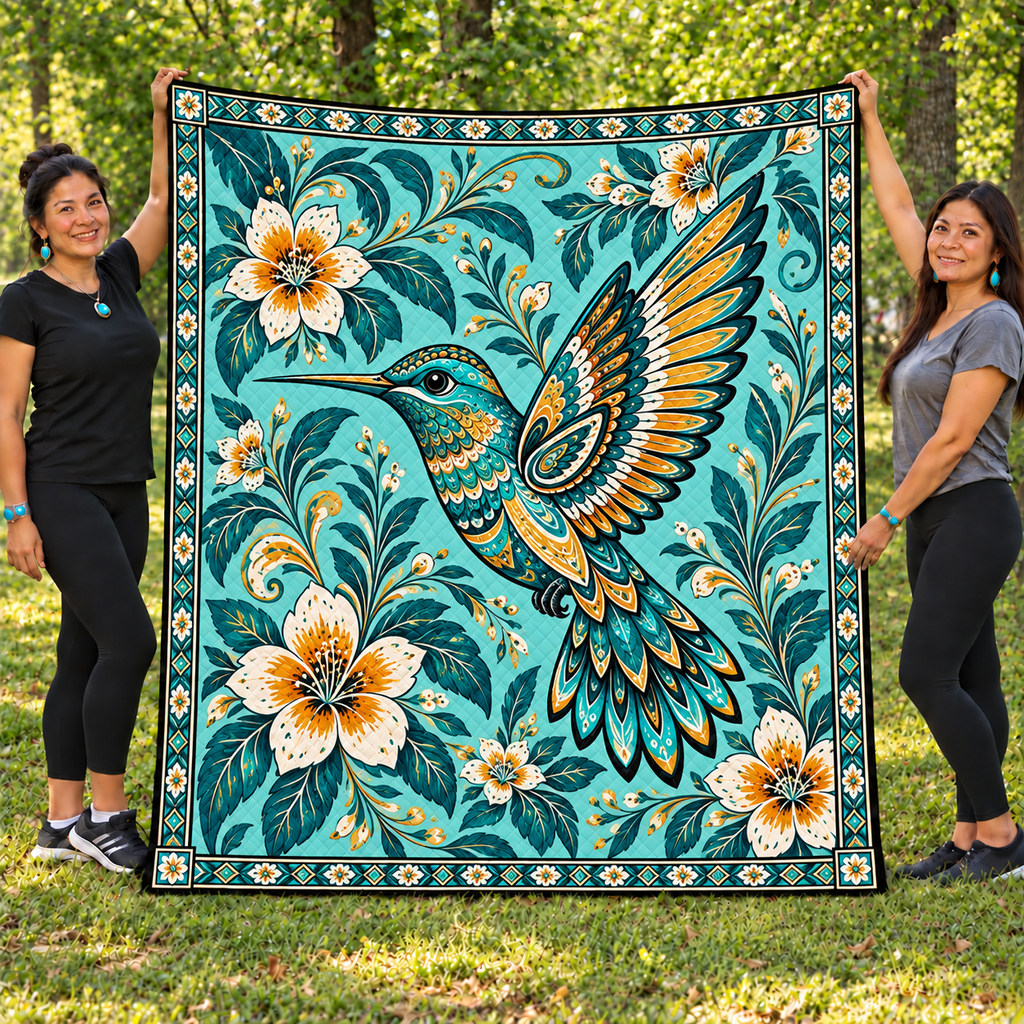 Turquoise Hummingbird Native American-Inspired Quilt Qm011