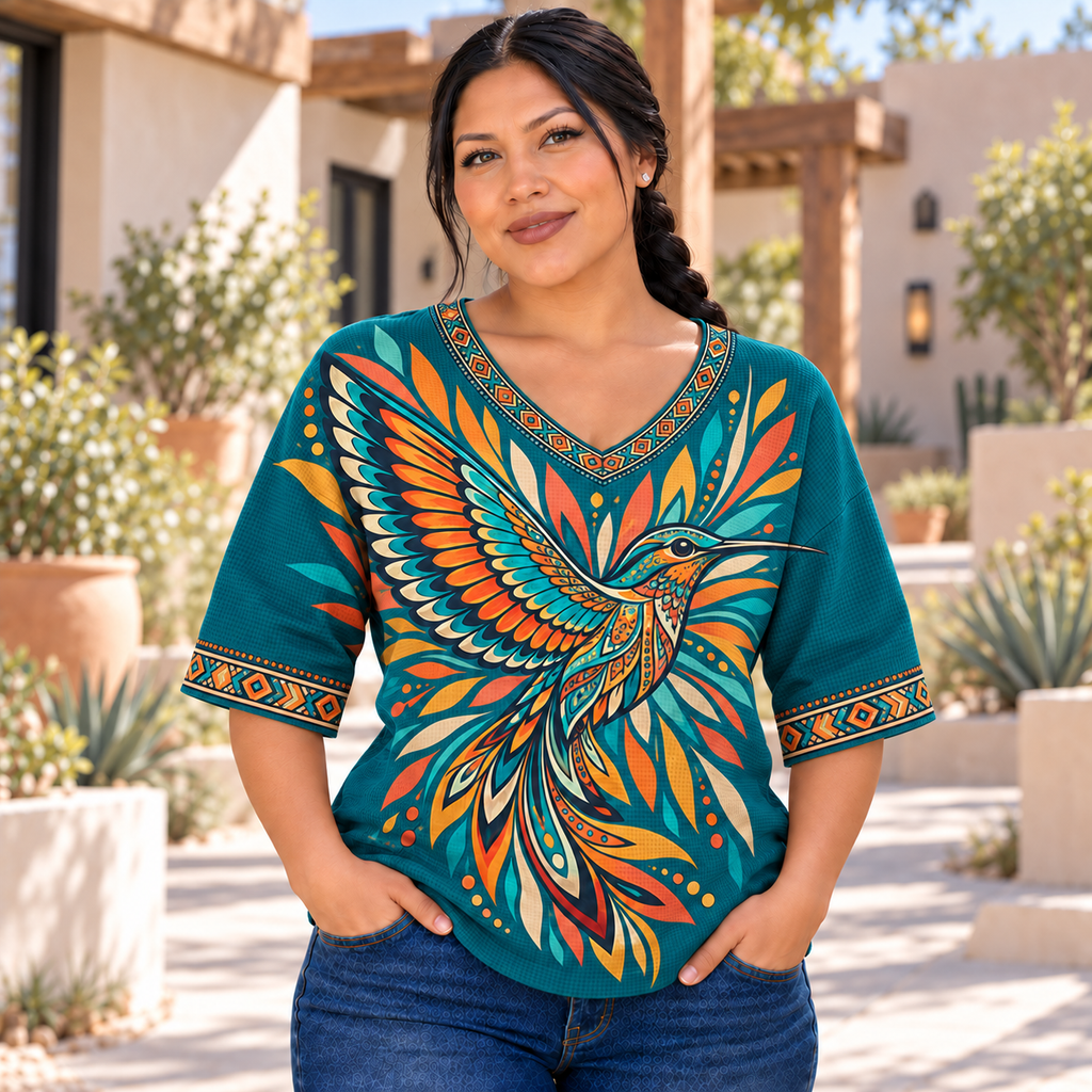 Turquoise Hummingbird Native American-Inspired Women's V-Neck 3-Quarter Sleeve Top WVS016
