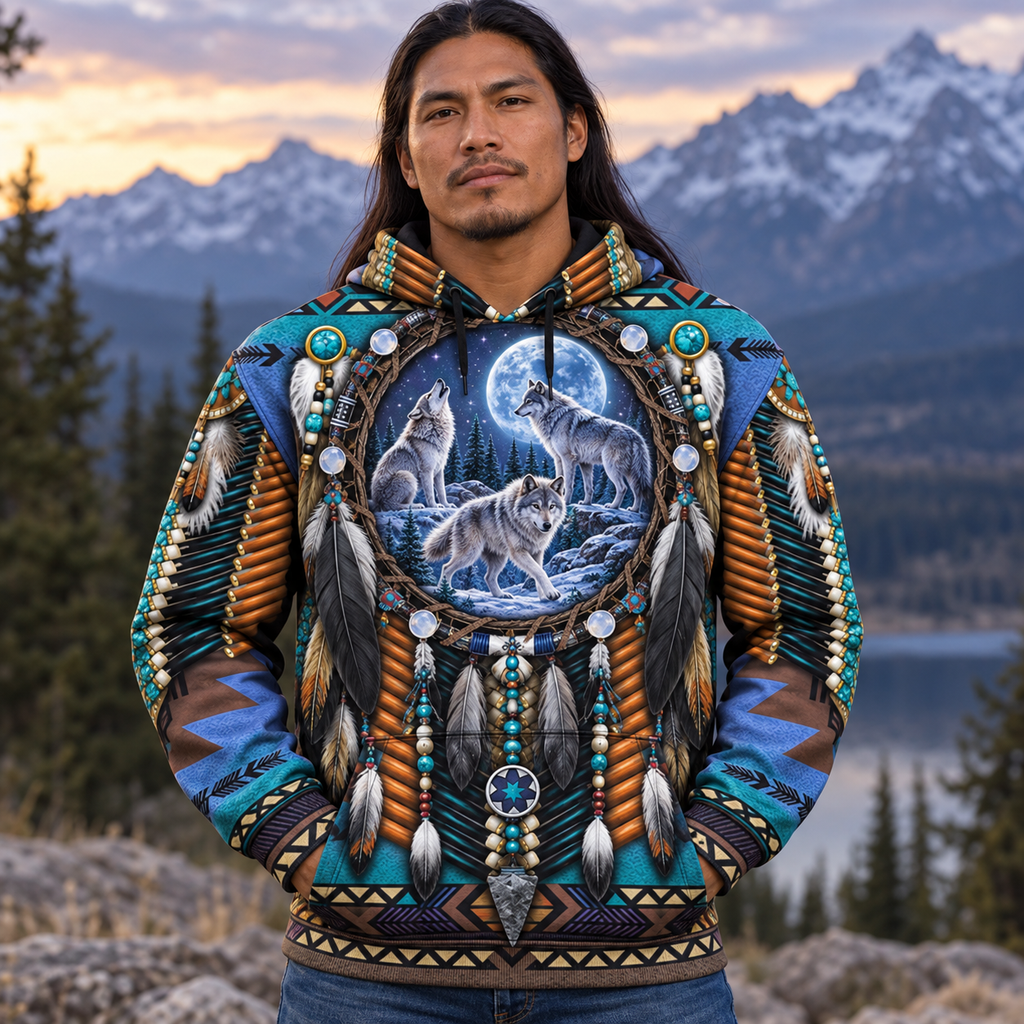 Turquoise Moon Wolf Dreamcatcher Native American-Inspired 3D Hoodie HD3dm008