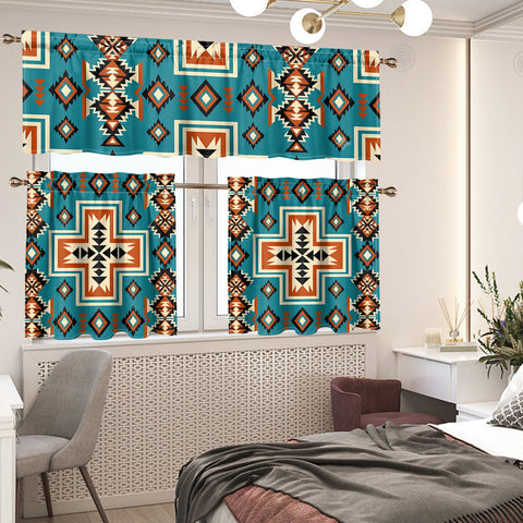 Turquoise Pattern Native American Curtain Valance and Kitchen Tiers Set DS260721M01