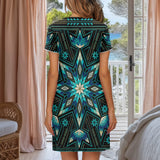 Turquoise Pattern Native American Short Sleeve Button Nightdress DS260730M12