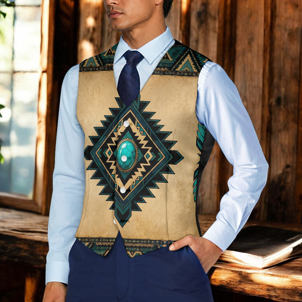 Turquoise Pattern Native American Suit Vest Jacket Print One Side Front DS260715M01