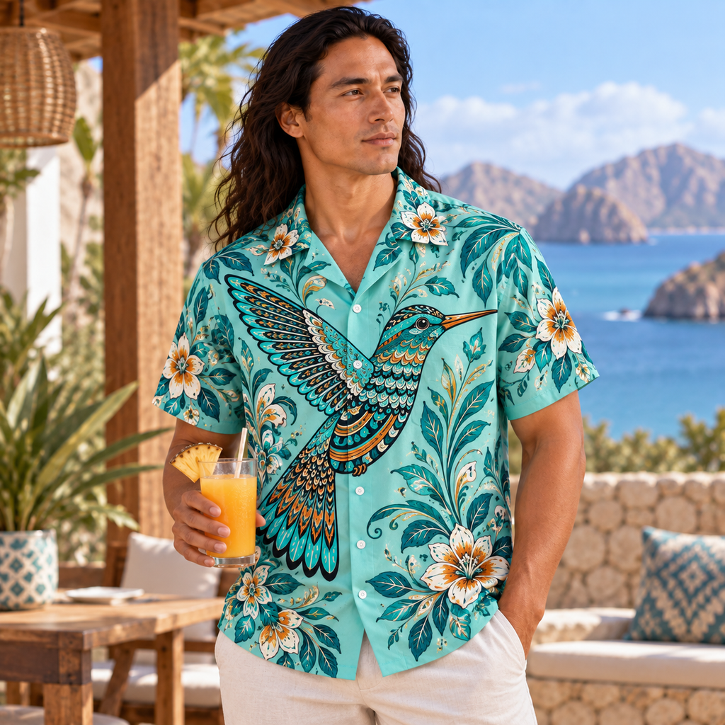 Turquoise Sacred Flight Hummingbirds Native American-Inspired 3D Hawaiian Shirt HWm015