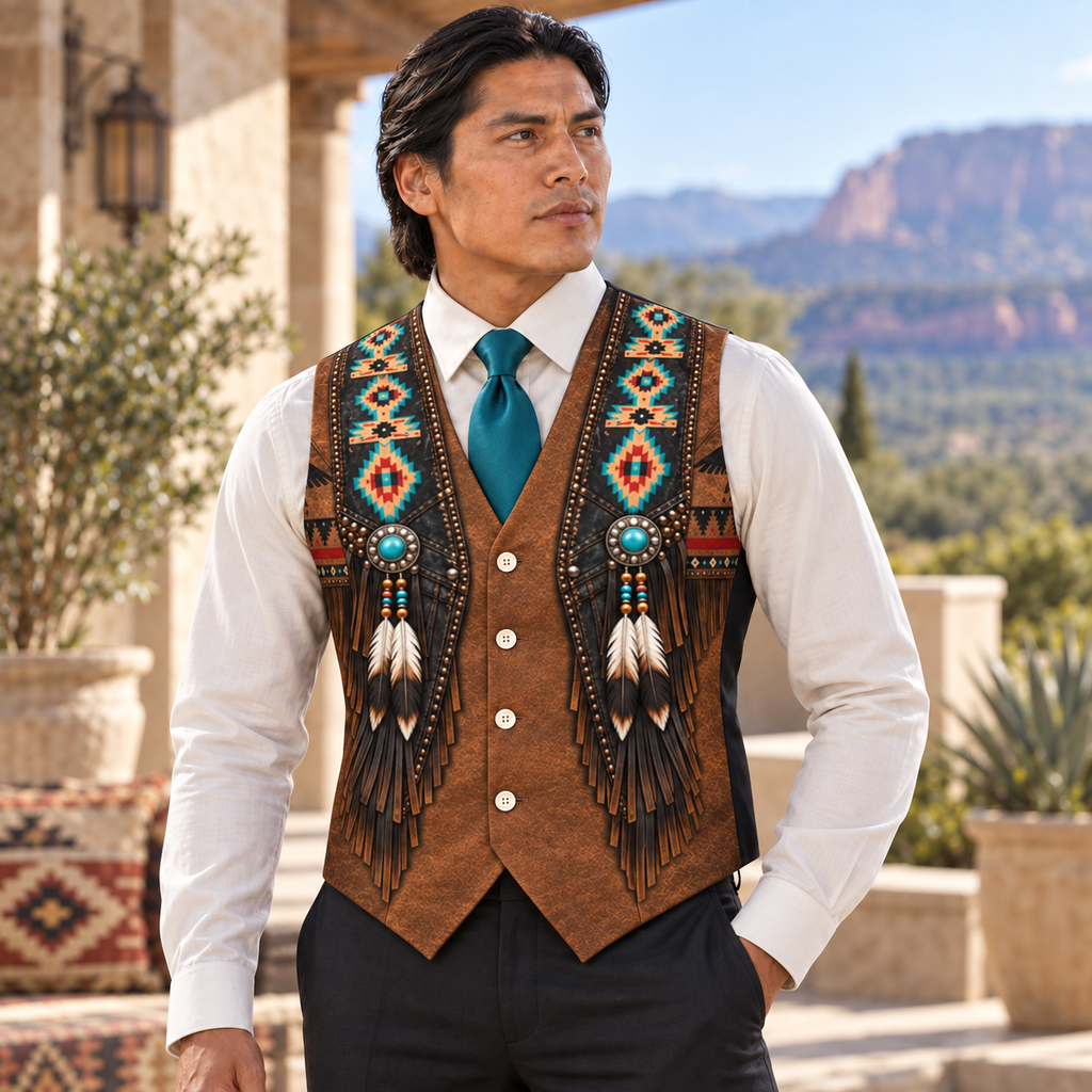 Turquoise Spirit Feather Native American-Inspired Suit Vest Jacket Print One Side Front VJm002