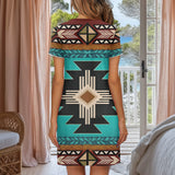 Turquoise Symbol Native American Short Sleeve Button Nightdress GB-NAT0001-04m1