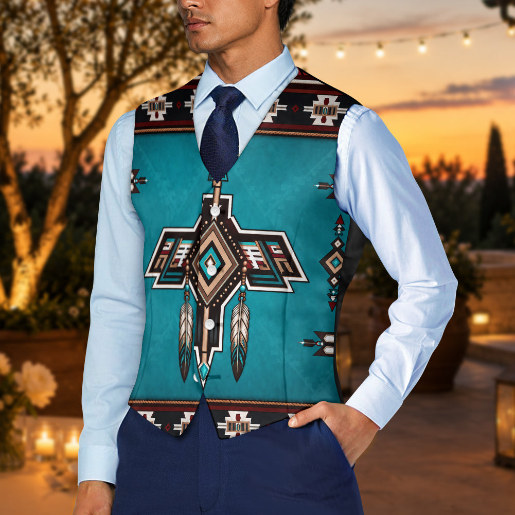 Turquoise Symbol Native American Suit Vest Jacket Print One Side Front DS260729M02