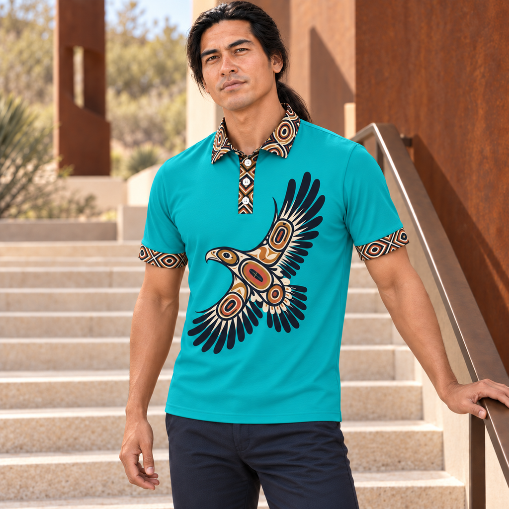 Turquoise Tribal Eagle Flight Native American-Inspired Polo T-Shirt 3D PLm034