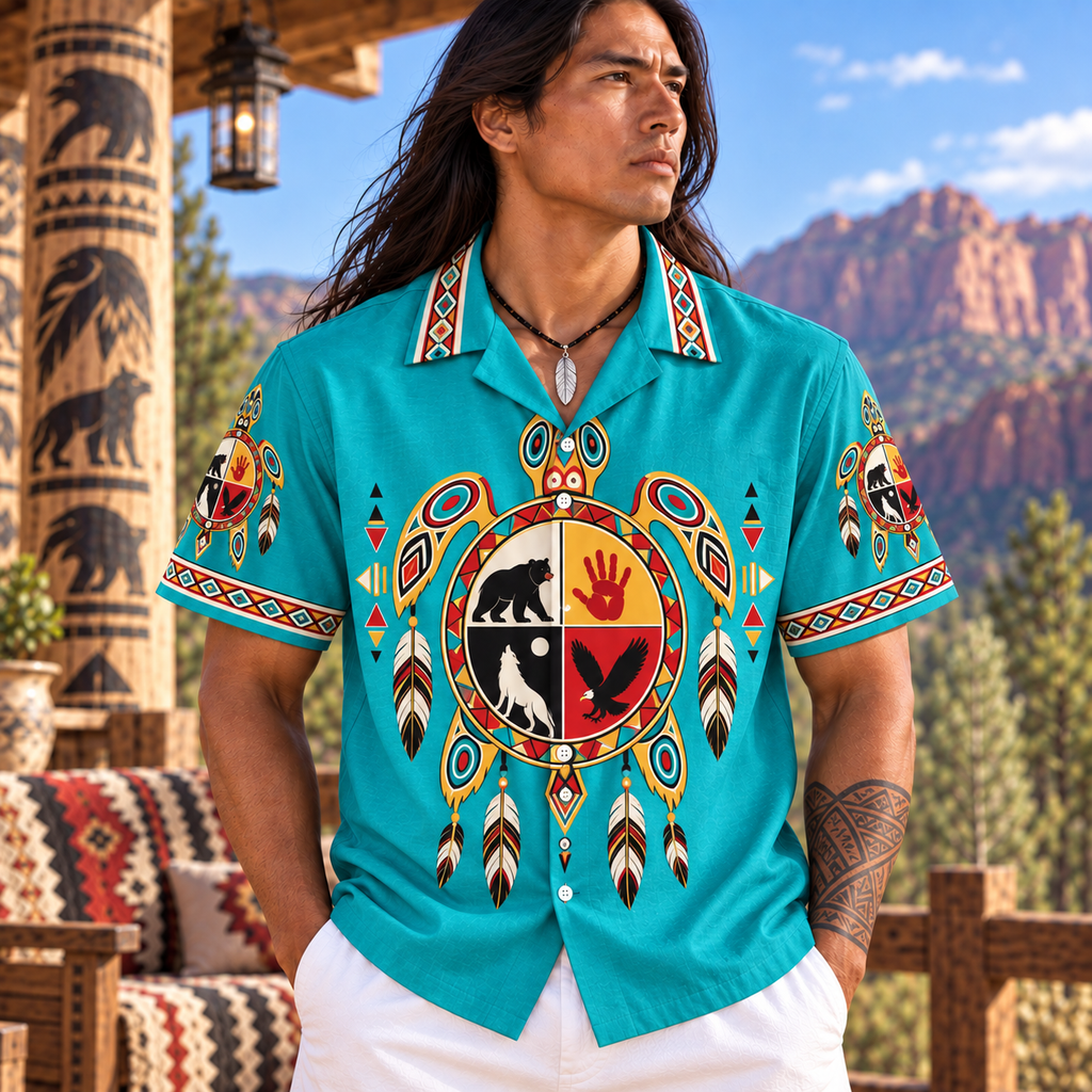 Turquoise Turtle Native American-Inspired 3D Hawaiian Shirt HWm033