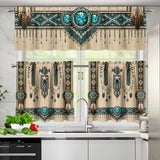 Turquoise and Beige Pattern Native American Curtain Valance and Kitchen Tiers Set DS260724M15