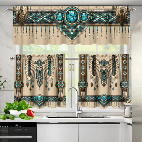 Turquoise and Beige Pattern Native American Curtain Valance and Kitchen Tiers Set DS260724M15