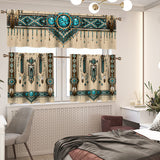 Turquoise and Beige Pattern Native American Curtain Valance and Kitchen Tiers Set DS260724M15