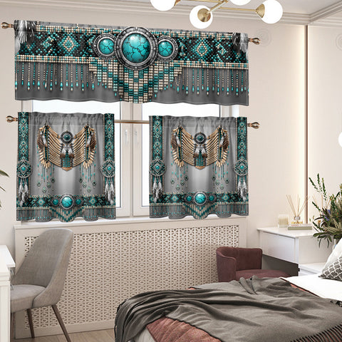 Turquoise and Gray Pattern Native American Curtain Valance and Kitchen Tiers Set DS260724M13