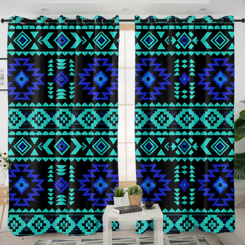 Turquoise and Navy Pattern Native American Living Room Curtain DS260729M07