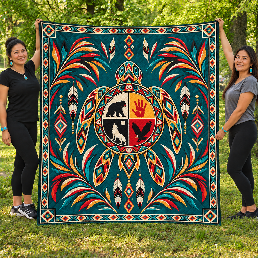 Turtle Medicine Wheel Feather Native American-Inspired Quilt Qm022