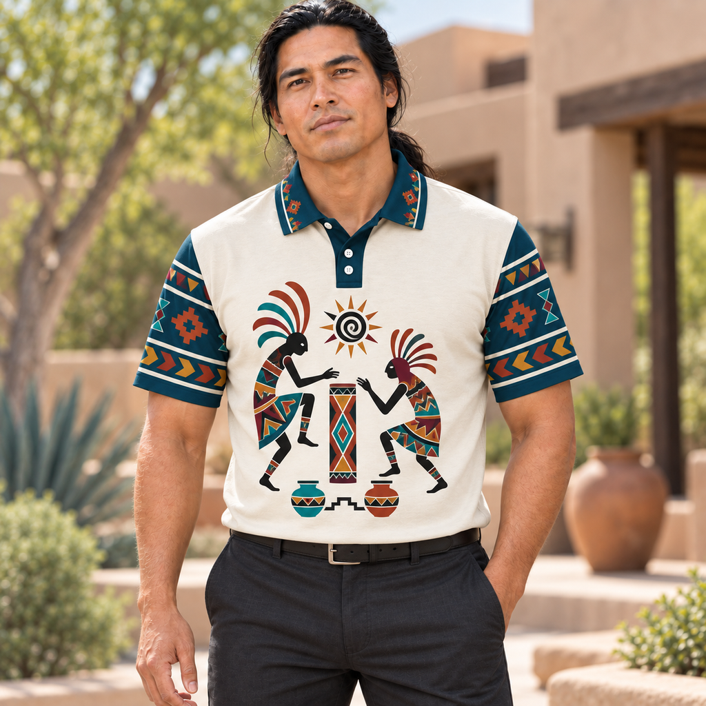 Twin Kokopelli Ceremonial Drum Art Native American-Inspired Polo T-Shirt 3D PLm014