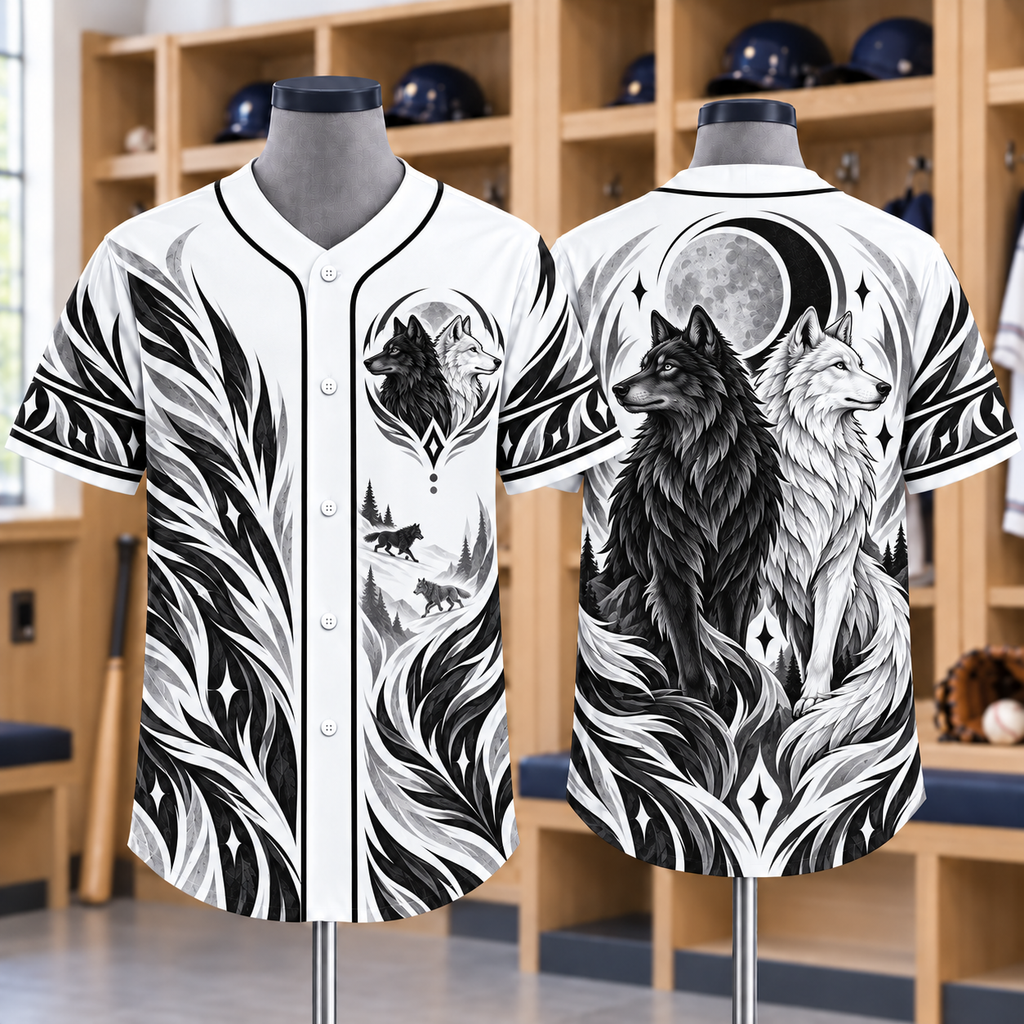 Twin Wolf Eclipse Native American-Inspired Baseball Jersey BSm046