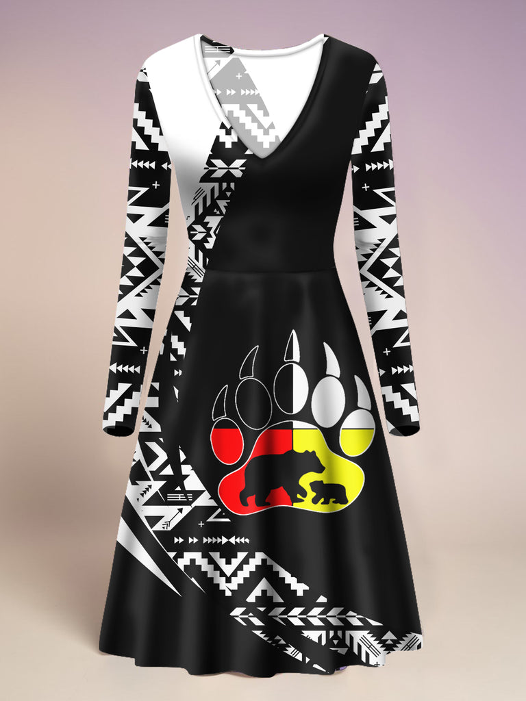 VDR260327M01v2 Mama Bear Native American V-Neck Long Sleeve Dress
