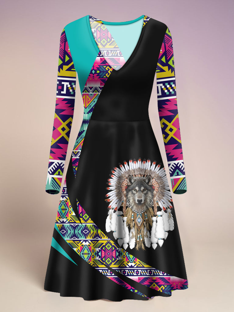 VDR260327M02 Native American V-Neck Long Sleeve Dress