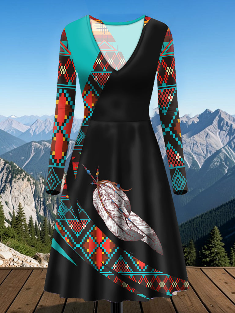VDR260327M03 Native American V-Neck Long Sleeve Dress