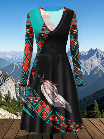 VDR260327M03 Native American V-Neck Long Sleeve Dress