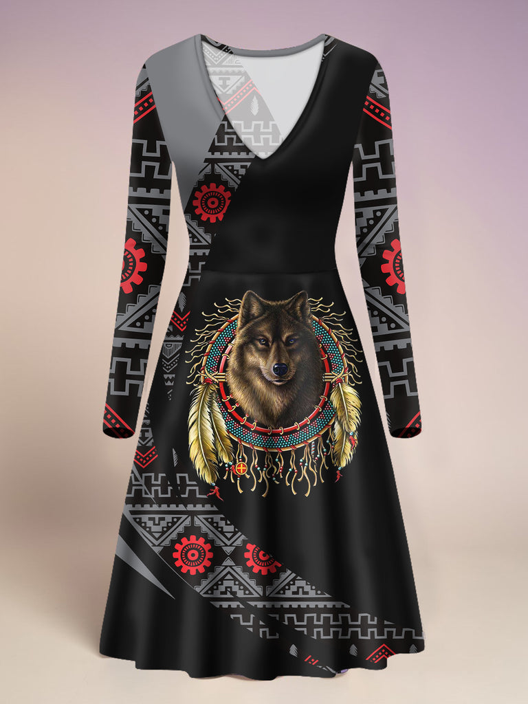 VDR260327M04v2 Native American V-Neck Long Sleeve Dress