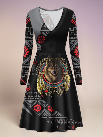 VDR260327M04v2 Native American V-Neck Long Sleeve Dress