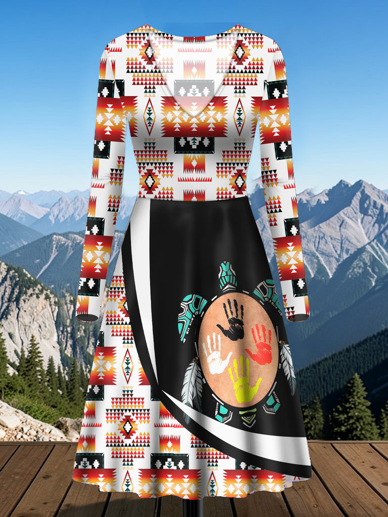 VDR260327M05 Turtle Native American V-Neck Long Sleeve Dress