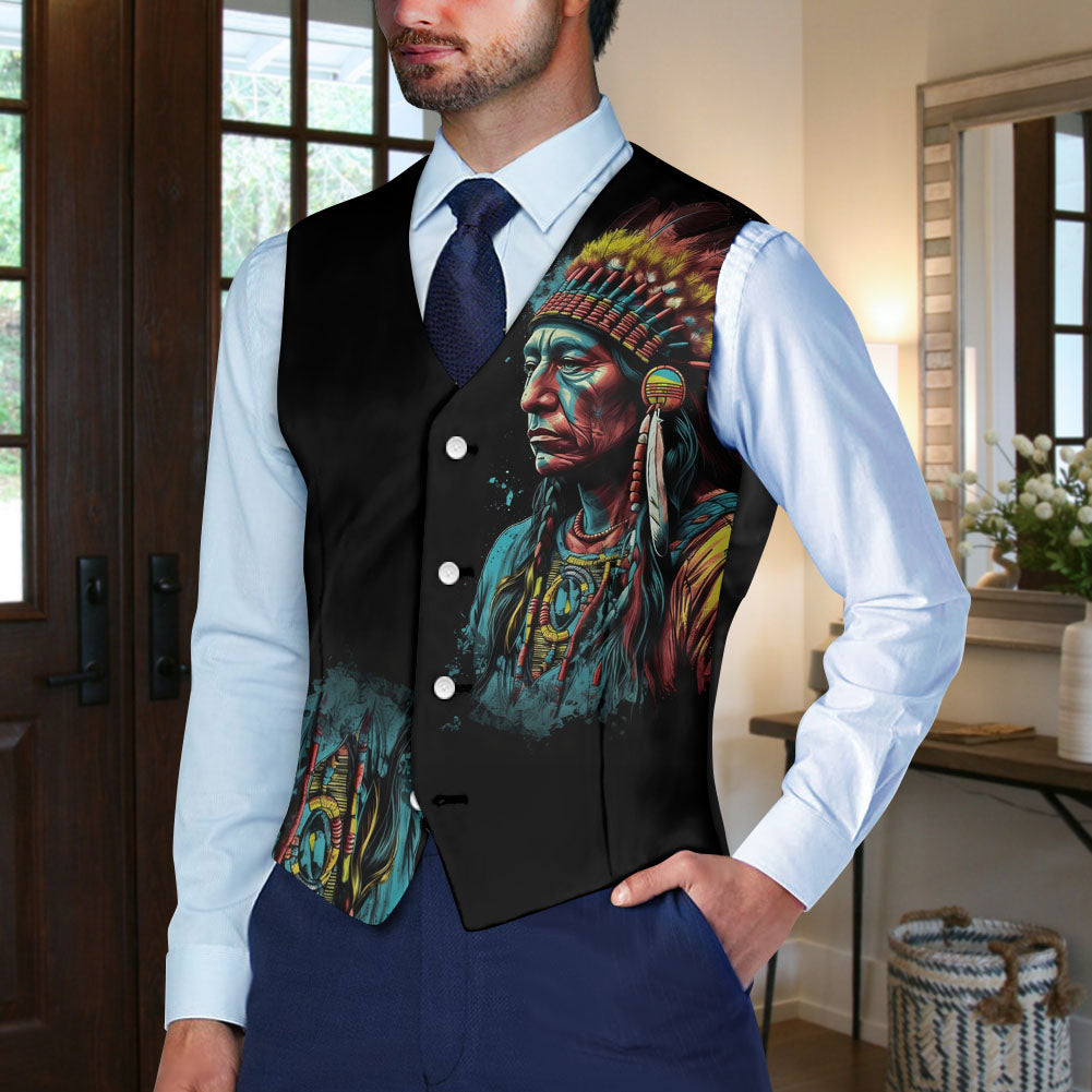 VJ-POLO0062 Native American Suit Vest Jacket Print One Side Front