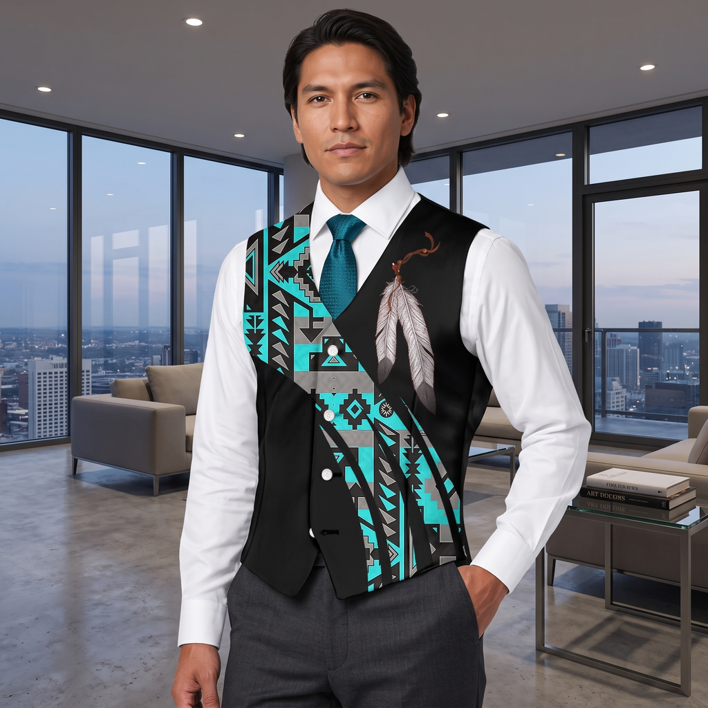 VJ250306M08 Feather Native American Suit Vest Jacket Print One Side Front