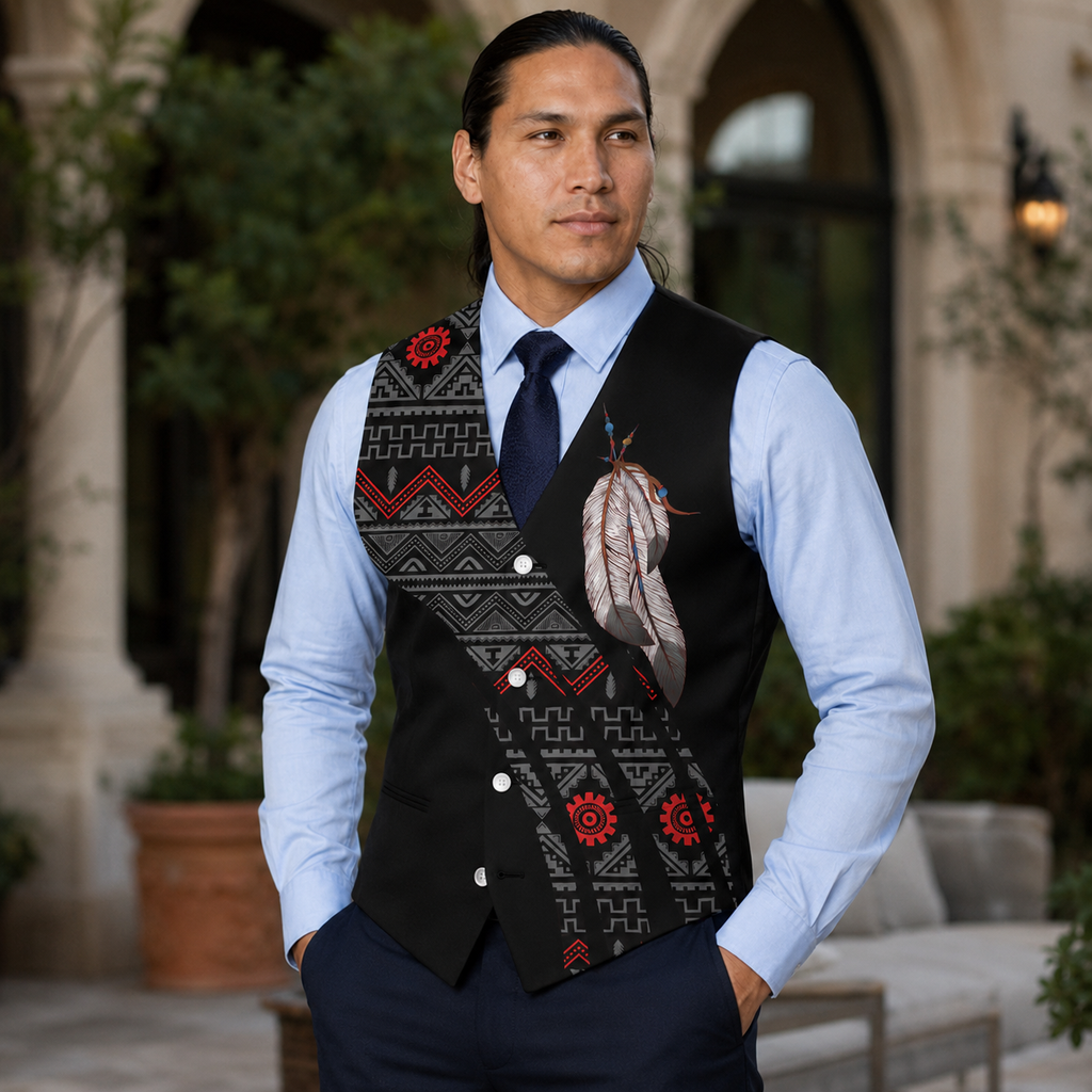 VJ250306M09 Feather Native American Suit Vest Jacket Print One Side Front